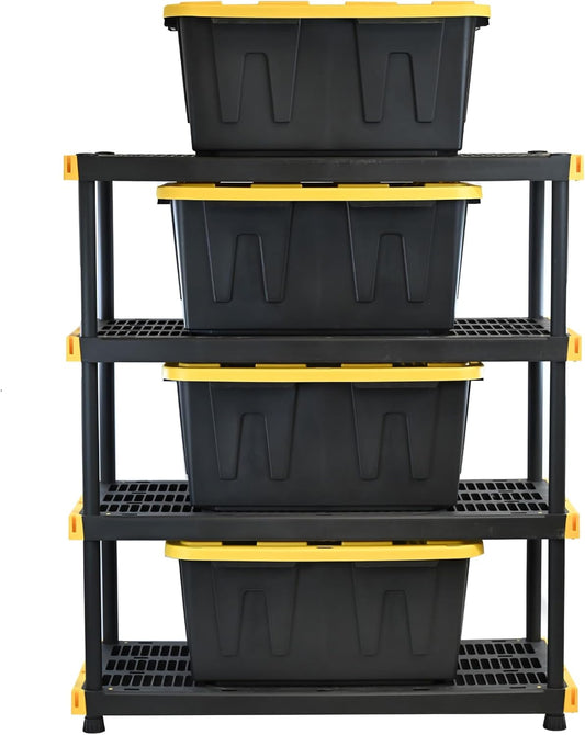 Black & YELLOW, Shelving Unit and Heavy Duty Storage Containers, Extremely Durable (Shelf + 27 Gallon Container (4-Pack))