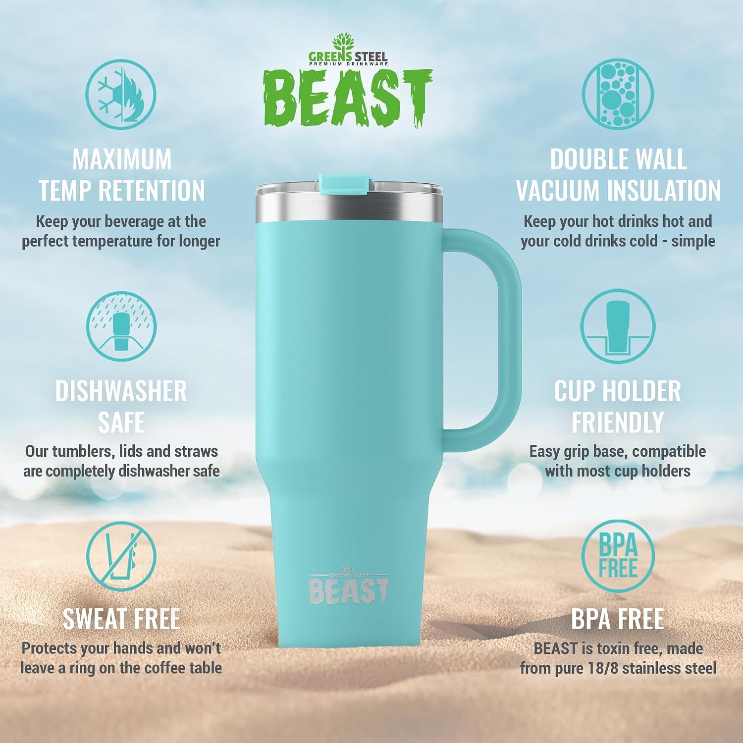 Beast 42 Oz Tumbler with Handle Stainless Steel Vacuum Insulated Coffee Ice Cup Double Wall Travel Flask (Aquamarine Blue)