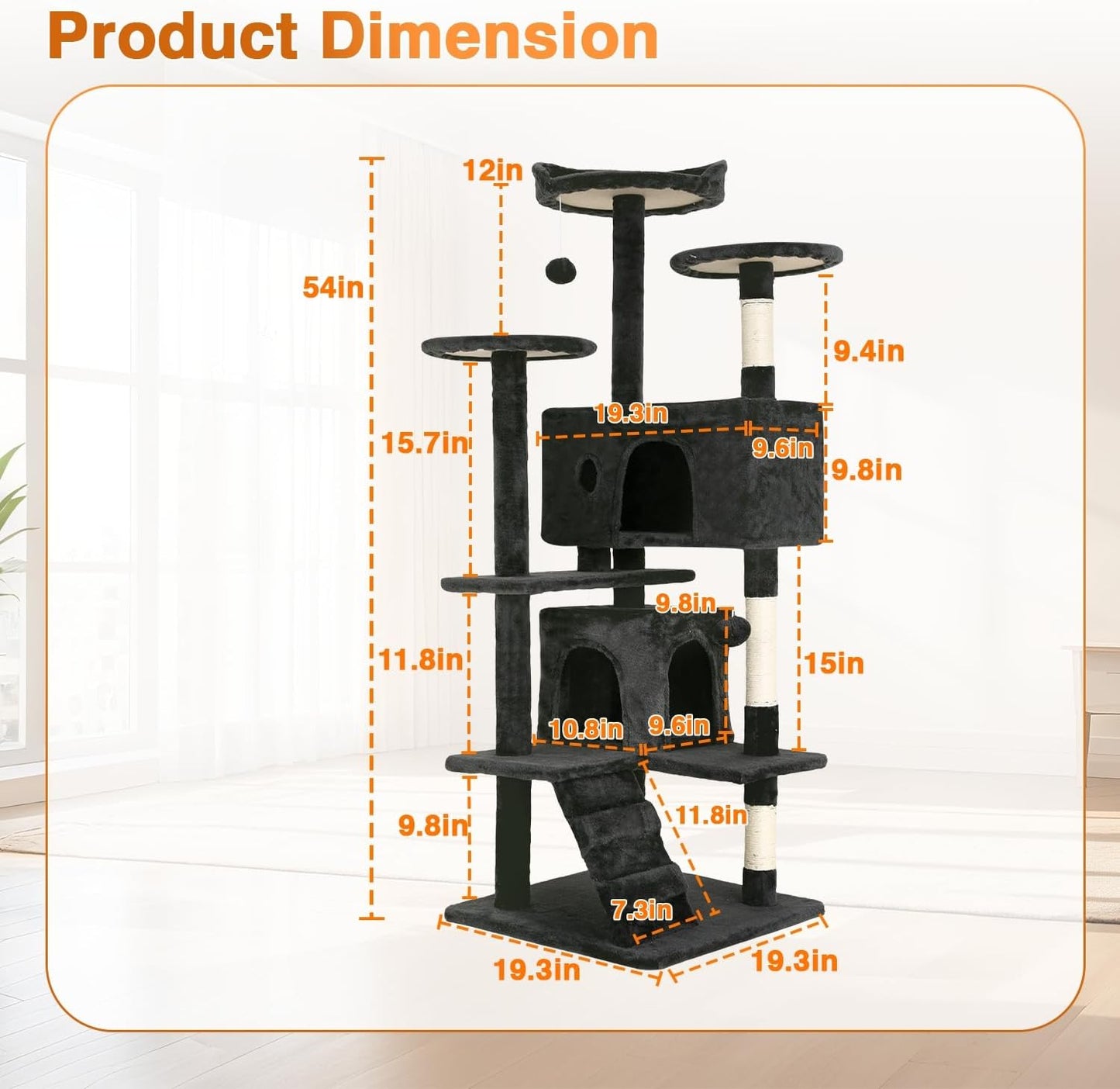 | 54" Cat Tree Tower | Dark Gray | Multi-Level Indoor Activity Center with Sisal Scratching Posts, Condos, Plush Perches, Hanging Cat Toys | Sturdy, Easy to Assemble | for Kittens & Adult Cats