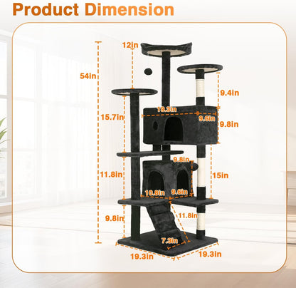 | 54" Cat Tree Tower | Dark Gray | Multi-Level Indoor Activity Center with Sisal Scratching Posts, Condos, Plush Perches, Hanging Cat Toys | Sturdy, Easy to Assemble | for Kittens & Adult Cats
