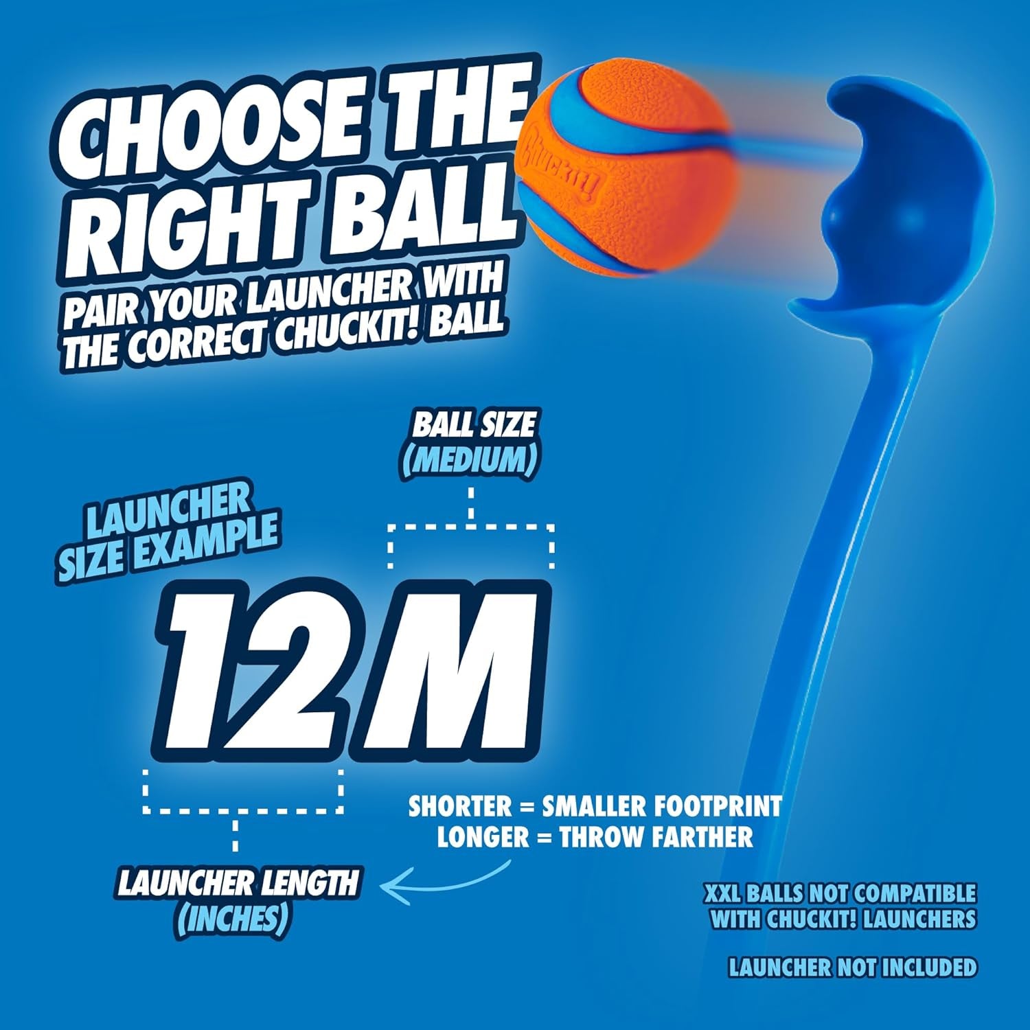 Dog Ball Launcher 12M Sport with 12" Handle Length for Medium 2.5" Dog Balls for Dogs 20-60 Lb, Plastic Pet Fetch Ball Thrower, Perfect for Kids, Made in USA, Blue
