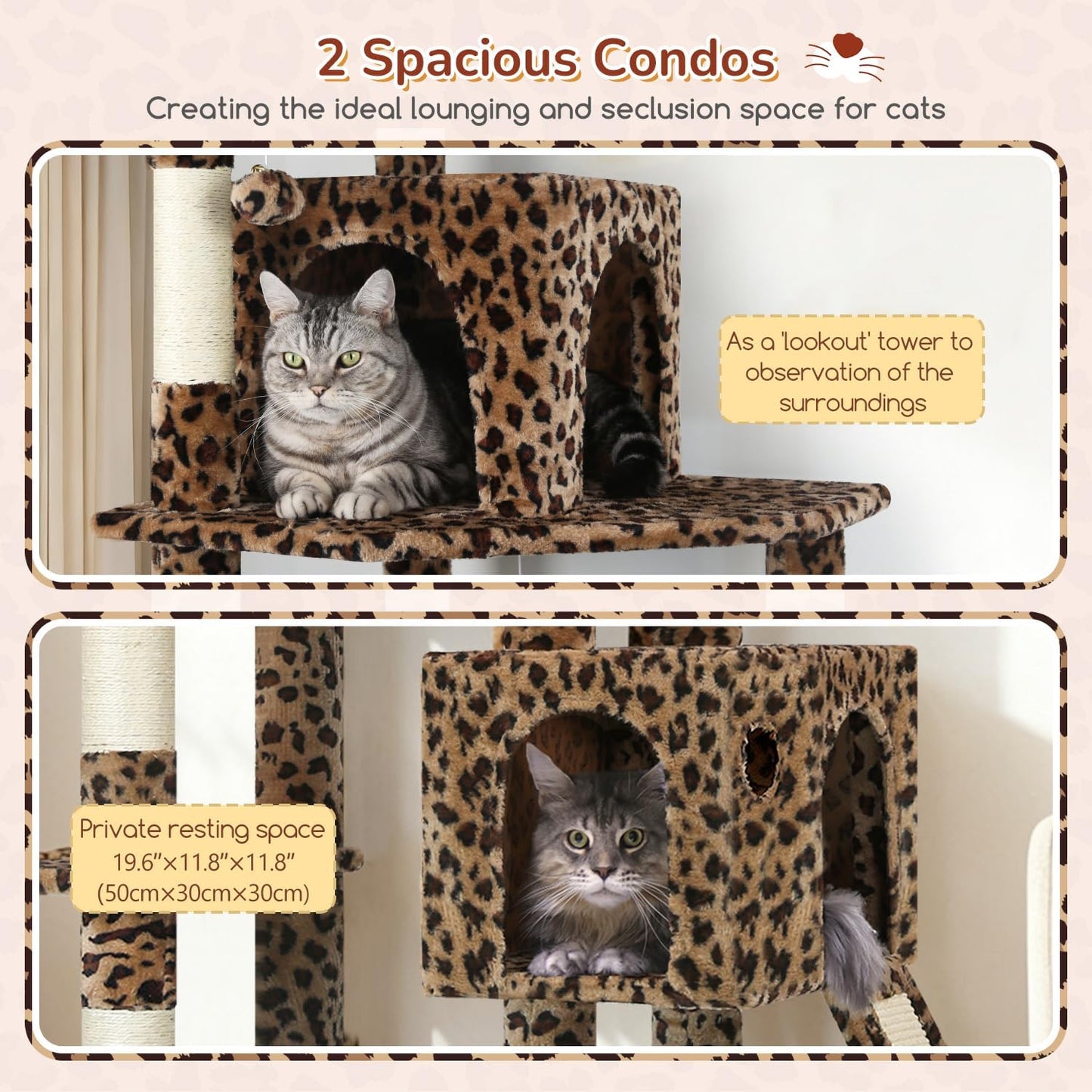 Heavy Duty Leopard Cat Tree, 70In Sturdy Cat Tree for Indoor Cats Sturdy Large Cat Tower with Scratching Post & Board, Hammock, 2 Cat Condo for Adult Cats Kittens, F70 Pro, Leopard Print