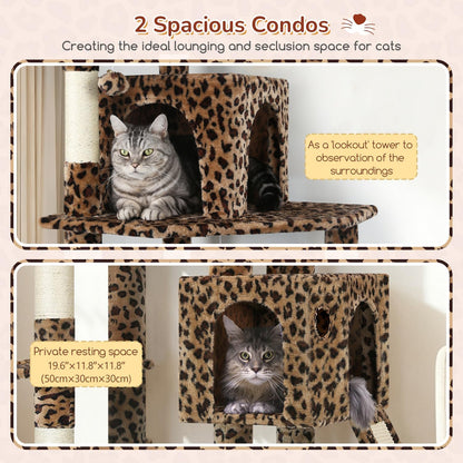 Heavy Duty Leopard Cat Tree, 70In Sturdy Cat Tree for Indoor Cats Sturdy Large Cat Tower with Scratching Post & Board, Hammock, 2 Cat Condo for Adult Cats Kittens, F70 Pro, Leopard Print