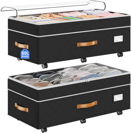 80L 2 Pack Adjustable under Bed Storage with Wheels | Underbed Containers with Clear Lids, Rolling under Bed Shoe Storage Organizer for Dorm Home Clothes, Blankets, Toys, Black