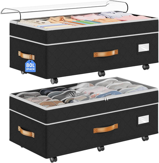 80L 2 Pack Adjustable under Bed Storage with Wheels | Underbed Containers with Clear Lids, Rolling under Bed Shoe Storage Organizer for Dorm Home Clothes, Blankets, Toys, Black
