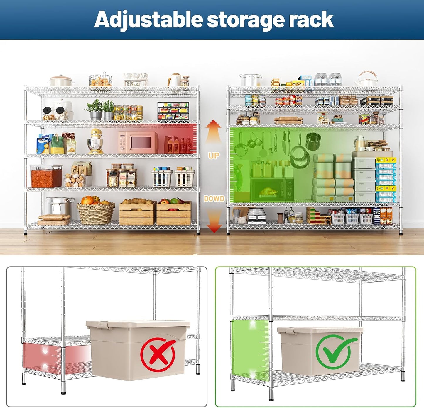 55.5" W Storage Shelves 3200LBS Metal Shelving 5 Tier Wire Shelving Garage Shelving Heavy Duty Metal Shelves for Shelving Unit Commercial Adjustable Shelf, 55.5" W X 18''D X 71" H，Chrome,2P