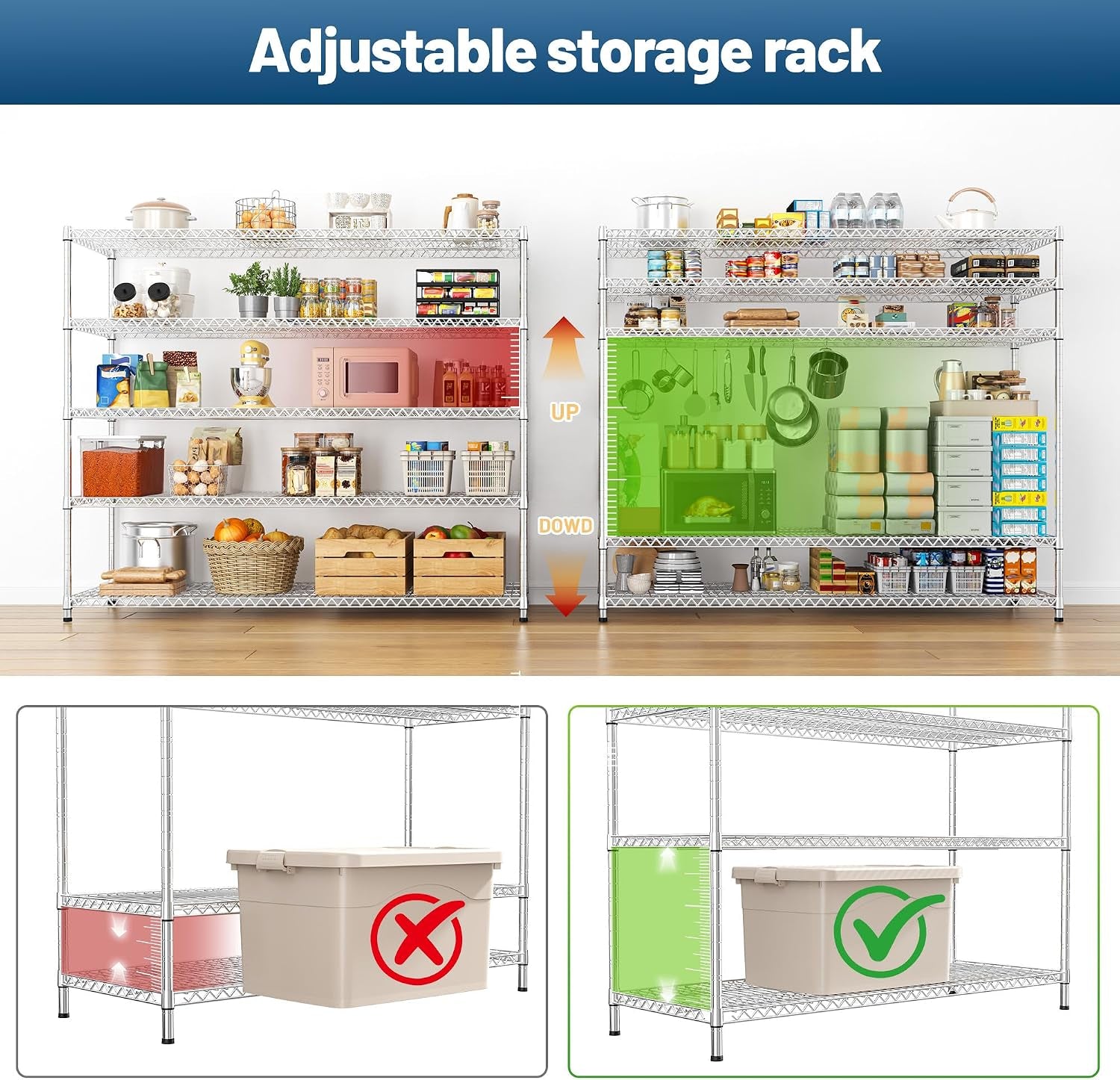 55.5" W Storage Shelves 3200LBS Metal Shelving 5 Tier Wire Shelving Garage Shelving Heavy Duty Metal Shelves for Shelving Unit Commercial Adjustable Shelf, 55.5" W X 18''D X 71" H，Chrome,2P