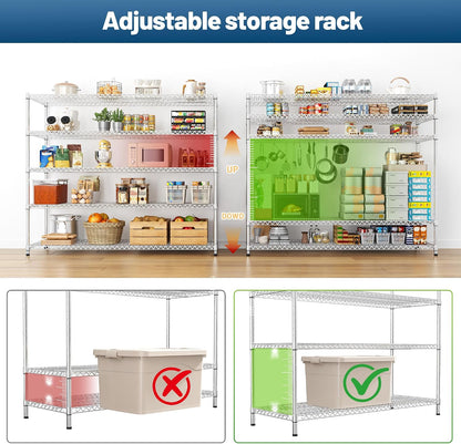 55.5" W Storage Shelves 3200LBS Metal Shelving 5 Tier Wire Shelving Garage Shelving Heavy Duty Metal Shelves for Shelving Unit Commercial Adjustable Shelf, 55.5" W X 18''D X 71" H，Chrome,2P