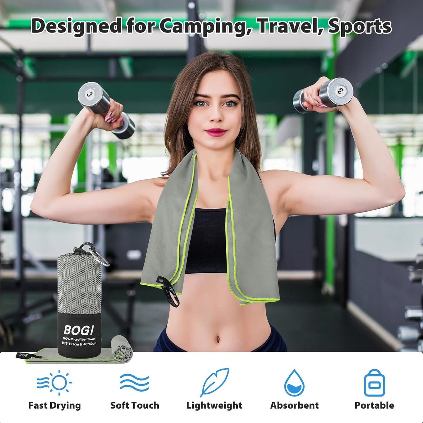 Microfiber Travel Sports Towel-Quick Dry, Soft Lightweight, Absorbent, Compact for Camping, Gym, Yoga, Swimming, Backpacking (Xl:72''X32''+16''X16''-Grey)