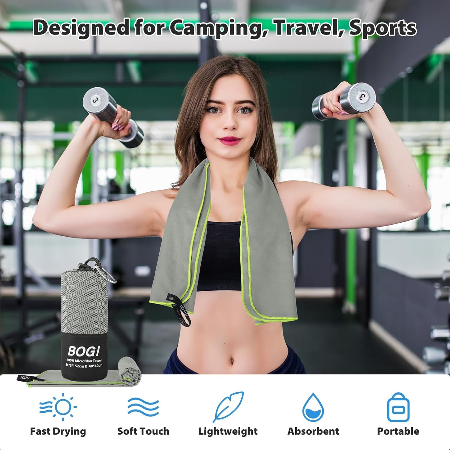 Microfiber Travel Sports Towel-Quick Dry, Soft Lightweight, Absorbent, Compact for Camping, Gym, Yoga, Swimming, Backpacking (Xl:72''X32''+16''X16''-Grey)