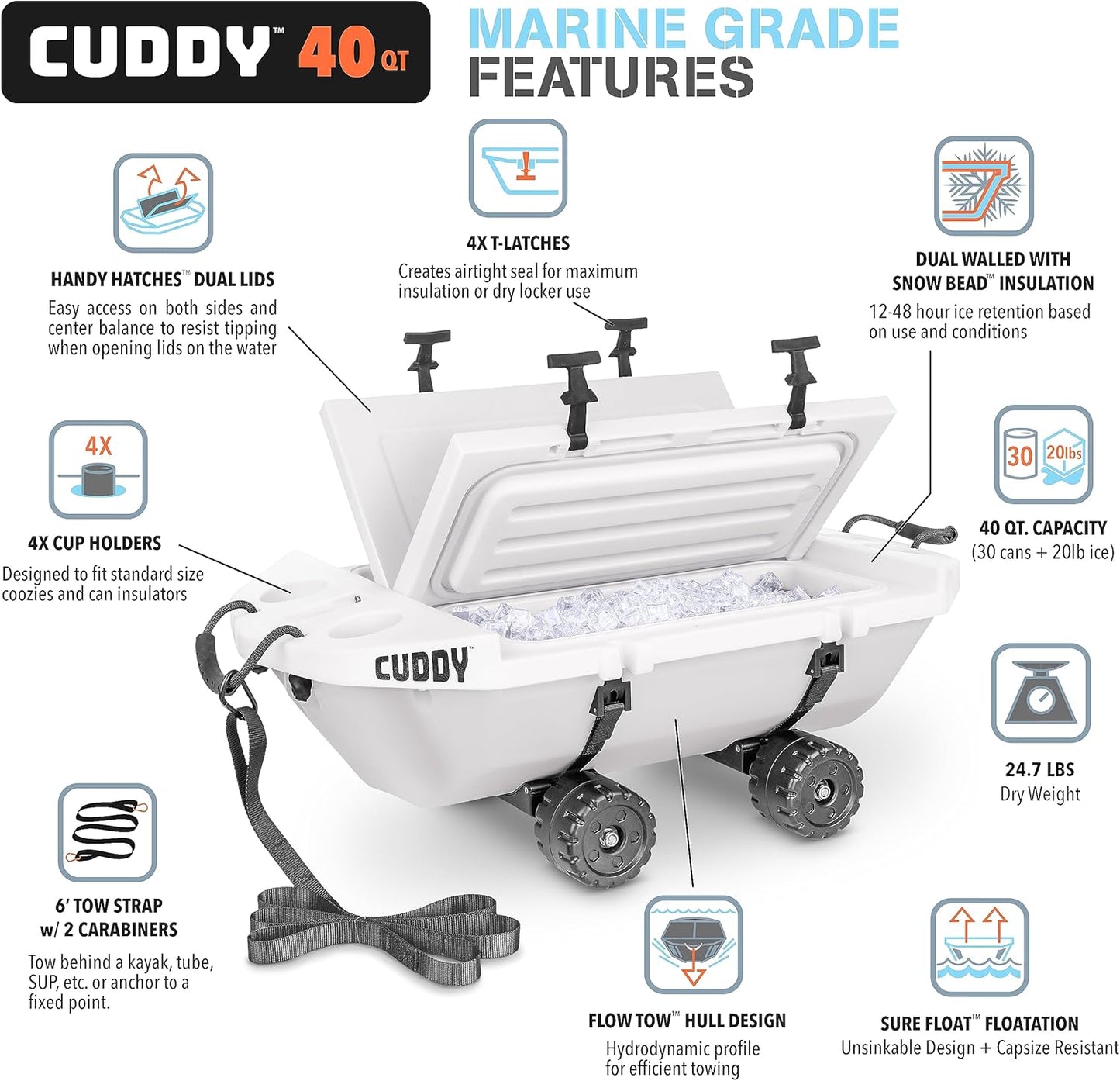 CUDDY Crawler Cooler with Wheels – 40 QT Amphibious Floating Cooler and Dry Storage Vessel - Orange, Navy, Tan, or White