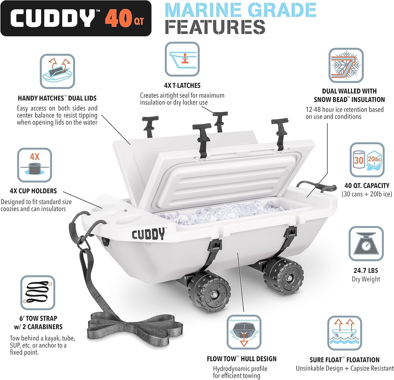 CUDDY Crawler Cooler with Wheels – 40 QT Amphibious Floating Cooler and Dry Storage Vessel - Orange, Navy, Tan, or White