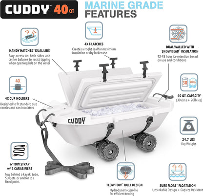 CUDDY Crawler Cooler with Wheels – 40 QT Amphibious Floating Cooler and Dry Storage Vessel - Orange, Navy, Tan, or White