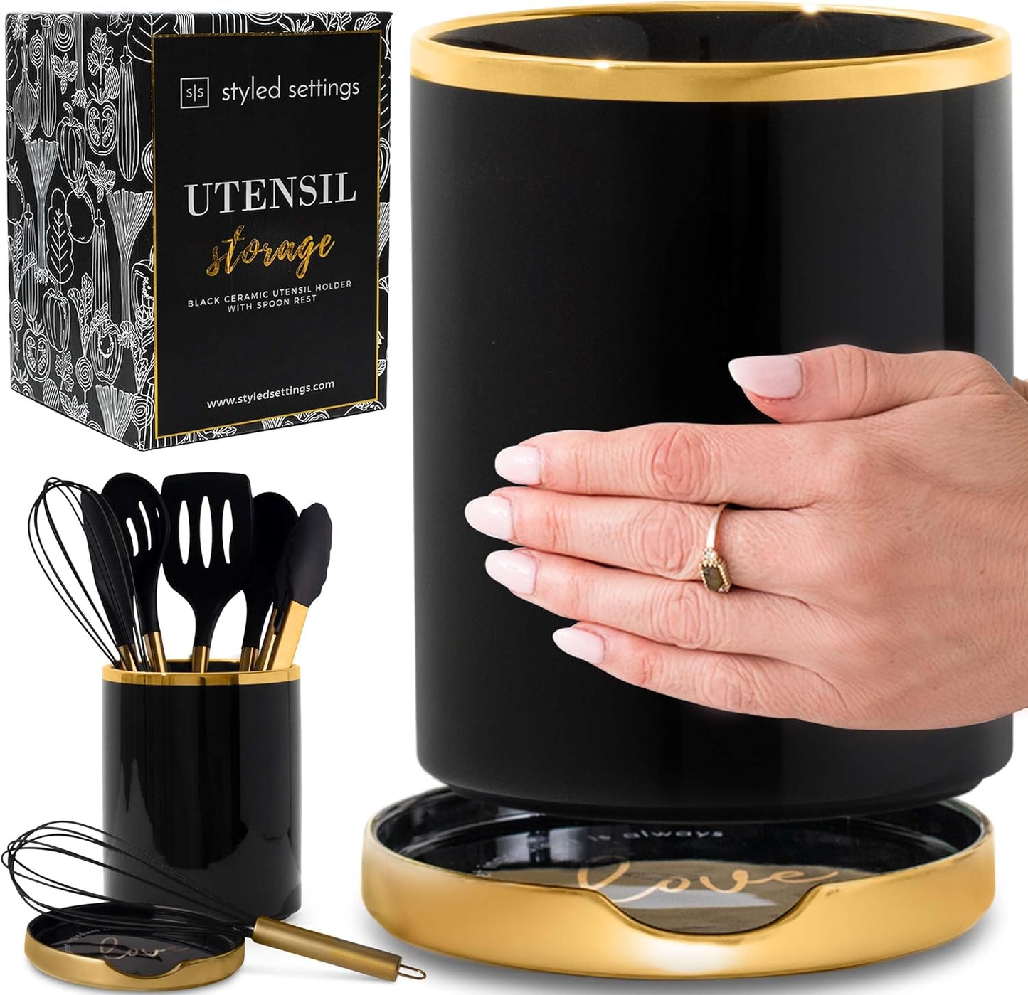 Black and Gold Utensil Holder with Built-In Spoon Rest - 2 PC Large Ceramic Utensil Holder Includes Black & Gold Spoon Rest - Luxury Kitchen Accessories - Utensils Not Included