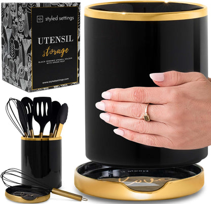 Black and Gold Utensil Holder with Built-In Spoon Rest - 2 PC Large Ceramic Utensil Holder Includes Black & Gold Spoon Rest - Luxury Kitchen Accessories - Utensils Not Included