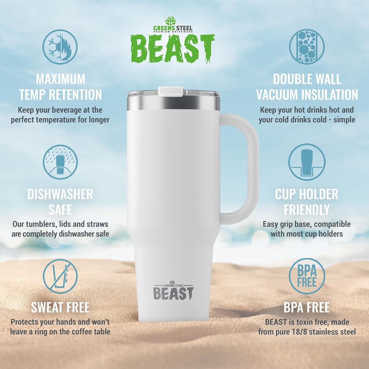 Beast 42 Oz Tumbler with Handle Stainless Steel Vacuum Insulated Coffee Ice Cup Double Wall Travel Flask (Arctic White)