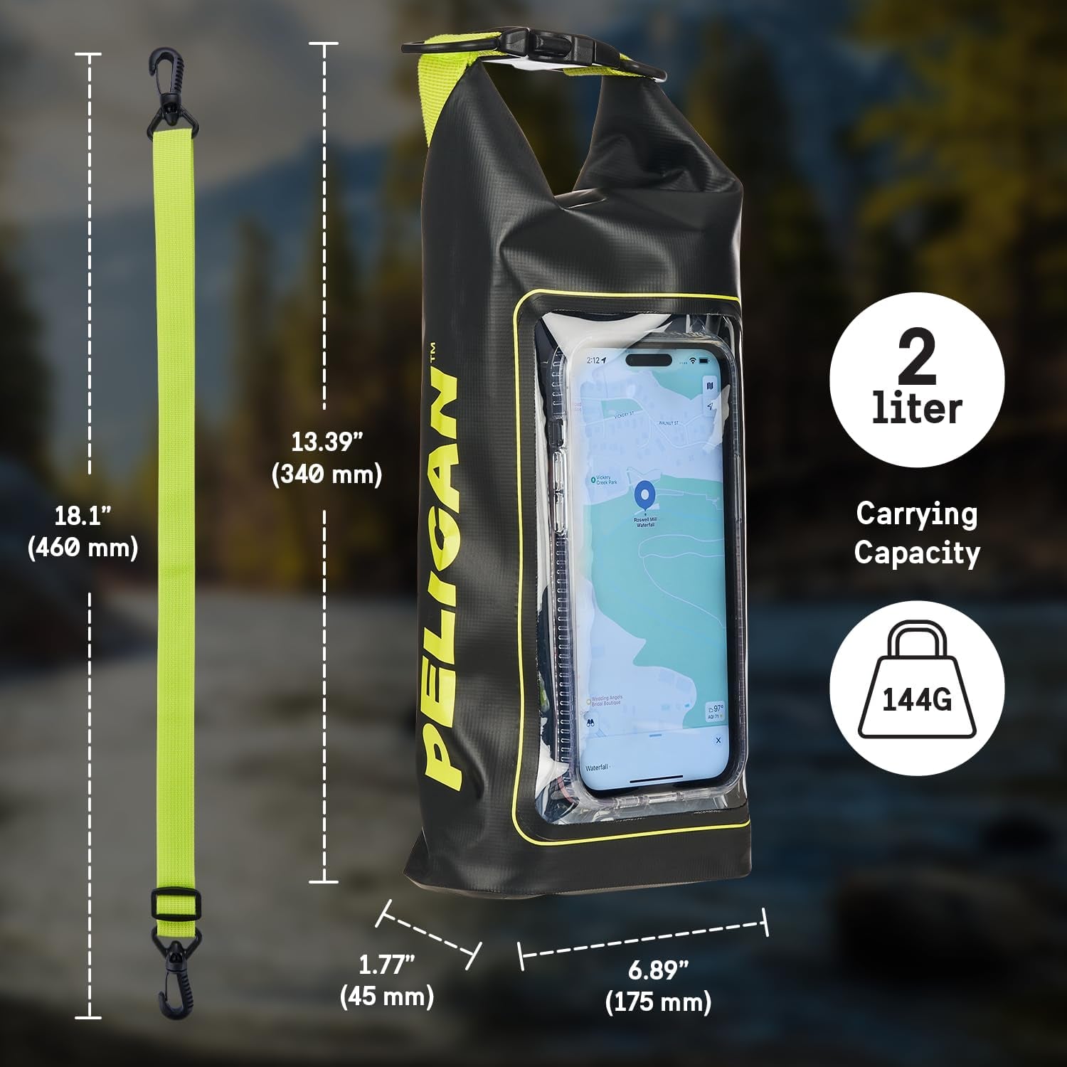 Pelican Marine IP68 Waterproof Dry Bag 2L W/Phone Pouch/Case - Black/Yellow | Roll Top Waterproof Backpack with Touchscreen Phone Pouch - Swimming, Kayaking, Camping, Rafting, Fishing & Travel Essentials