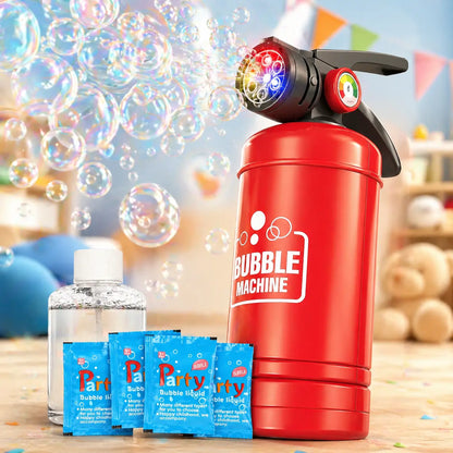 Fire Extinguisher Bubble Machine for Kids, LED Automatic Bubble Blower Toy with Bubble Solution and Refill Packets