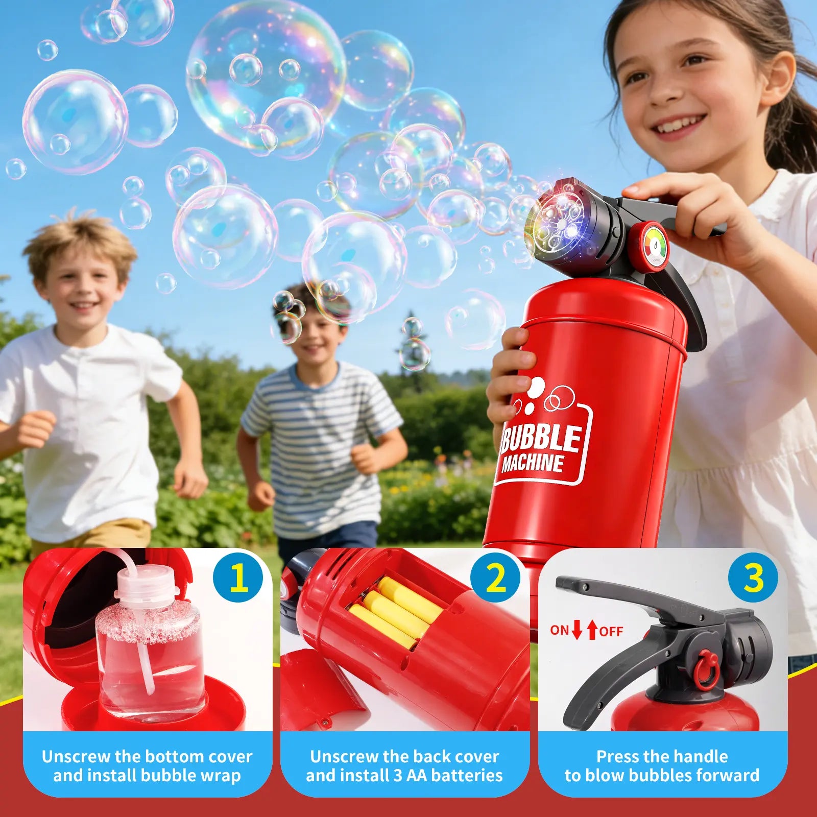 Fire Extinguisher Bubble Machine for Kids, LED Automatic Bubble Blower Toy with Bubble Solution and Refill Packets