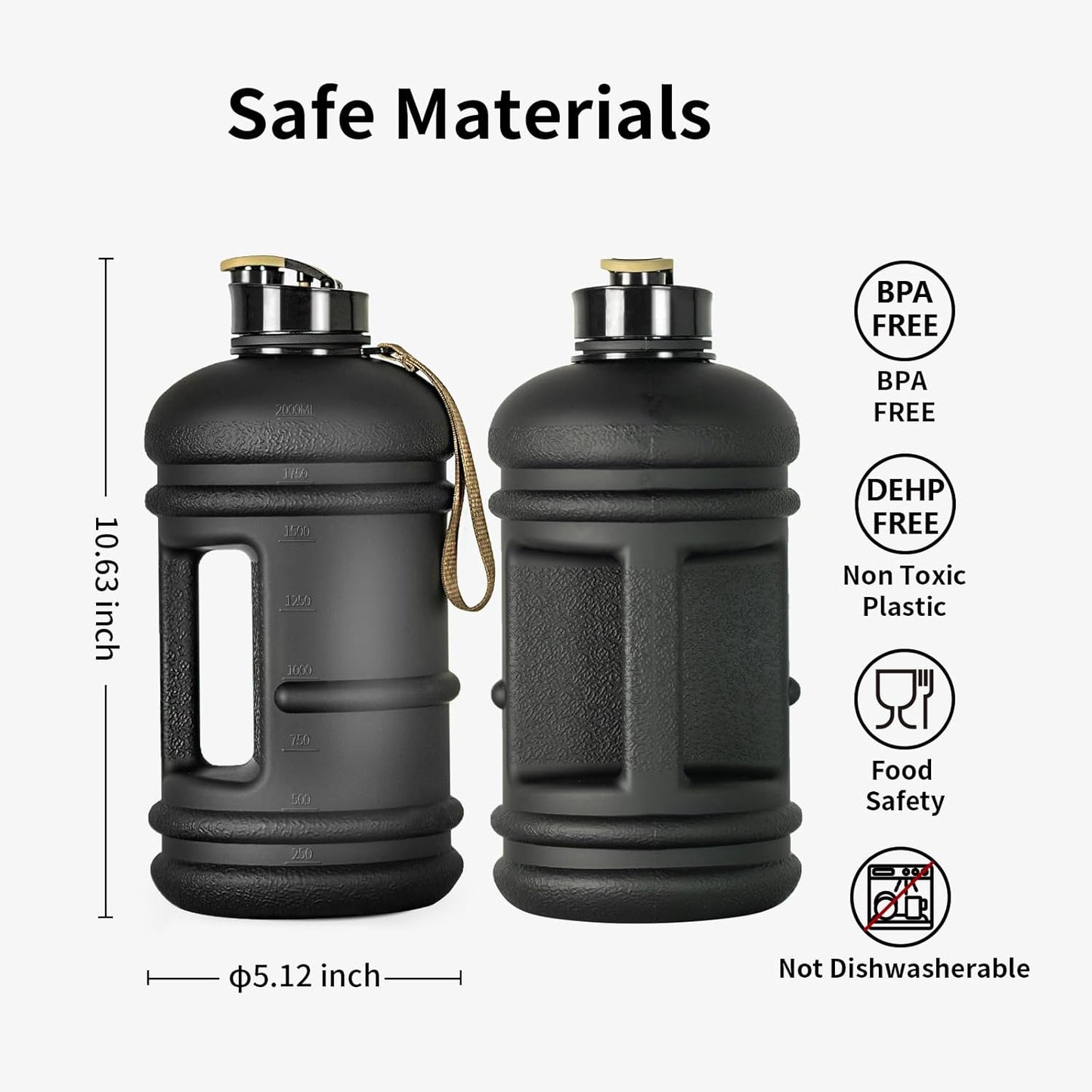 2 Liter Water Bottles - Half Gallon Water Bottle BPA Free - Ideal for Gym, Big Water Jug, Reusable Sports Bottle with Measurements Marked Drink Container (2.2L 74Oz Matte Black Water Jugs) | Half Gallon