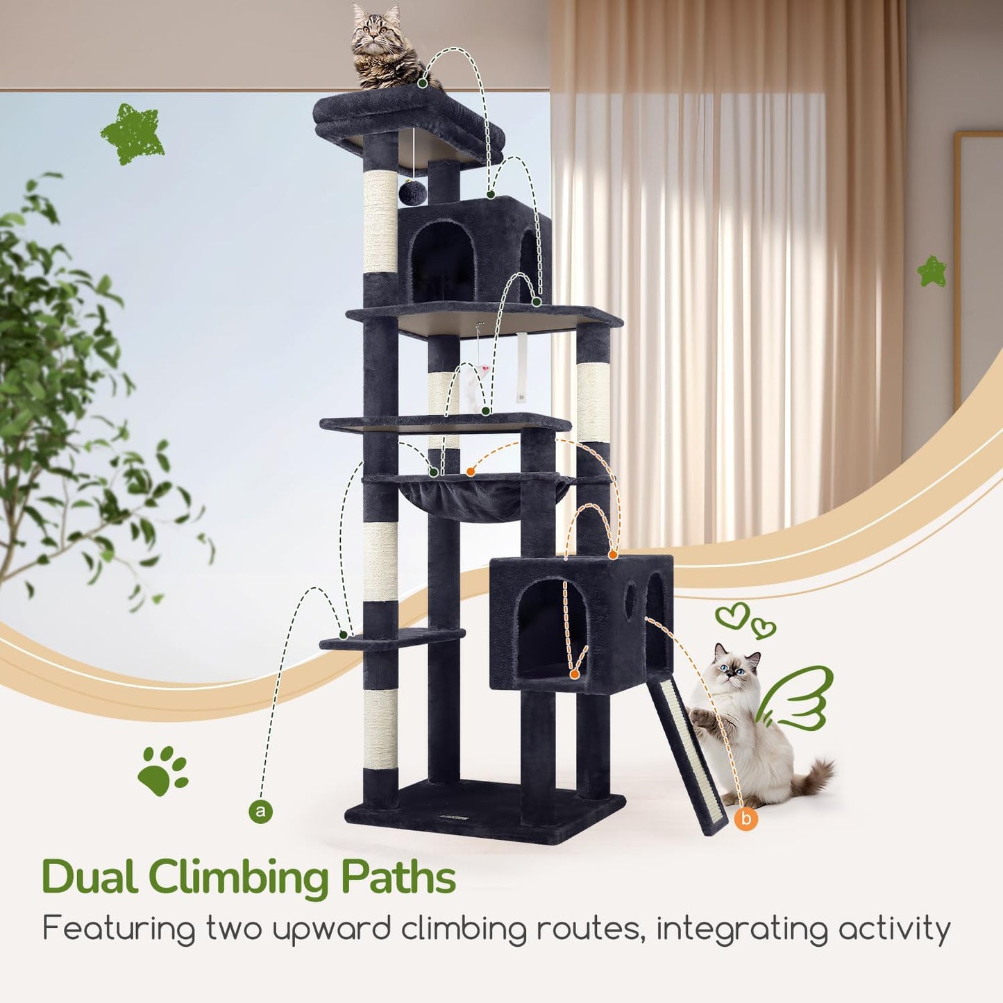 Heavy Duty Cat Tree, 70 Inch Sturdy Cat Tree for Indoor Cats Extra Large Cat Tower with Scratching Post, Hammock, Cat Condo for Adult Cats Kittens, F70 Pro, Dark Grey