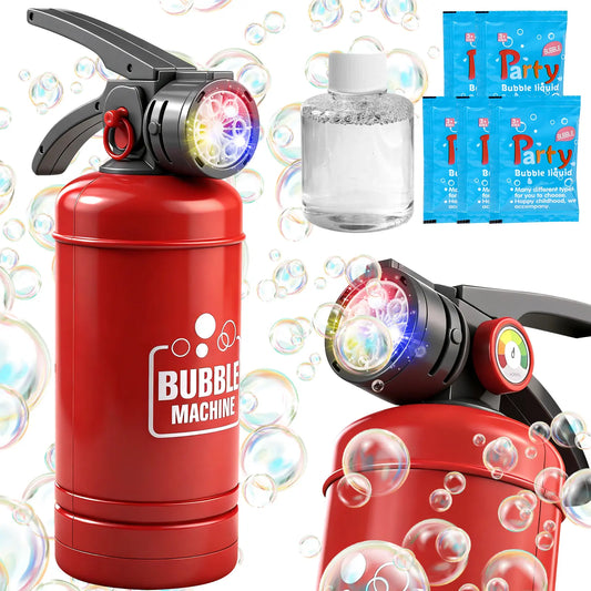 Fire Extinguisher Bubble Machine for Kids, LED Automatic Bubble Blower Toy with Bubble Solution and Refill Packets