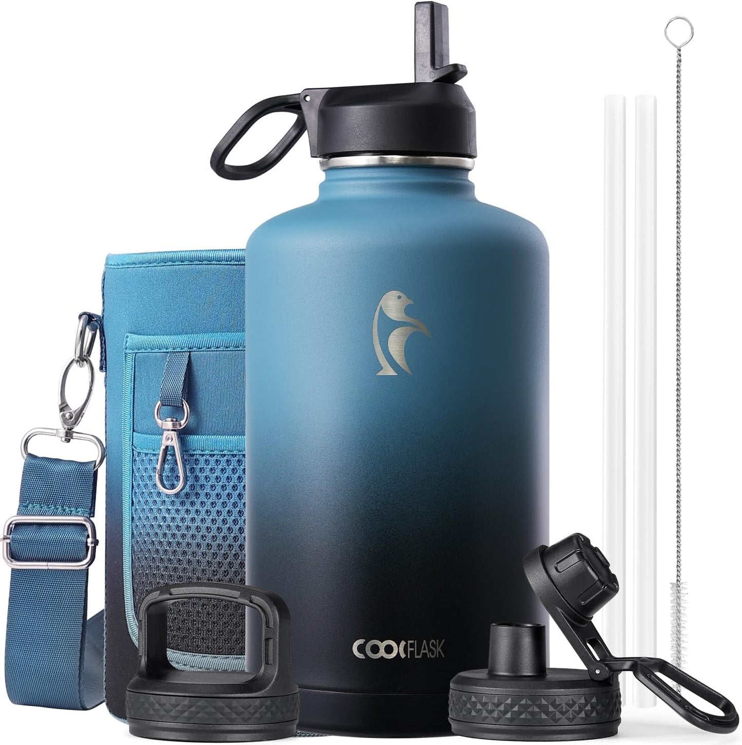 Water Bottle 87 Oz with Straw, 2/3 Gallon Insulated Stainless Steel Large 3 Lids Big Water Jug for Sports or Office, Non-Bpa Keep Cold up to 48 Hrs or Hot up to 24 Hrs, Samurai Cyan