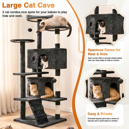 | 54" Cat Tree Tower | Dark Gray | Multi-Level Indoor Activity Center with Sisal Scratching Posts, Condos, Plush Perches, Hanging Cat Toys | Sturdy, Easy to Assemble | for Kittens & Adult Cats