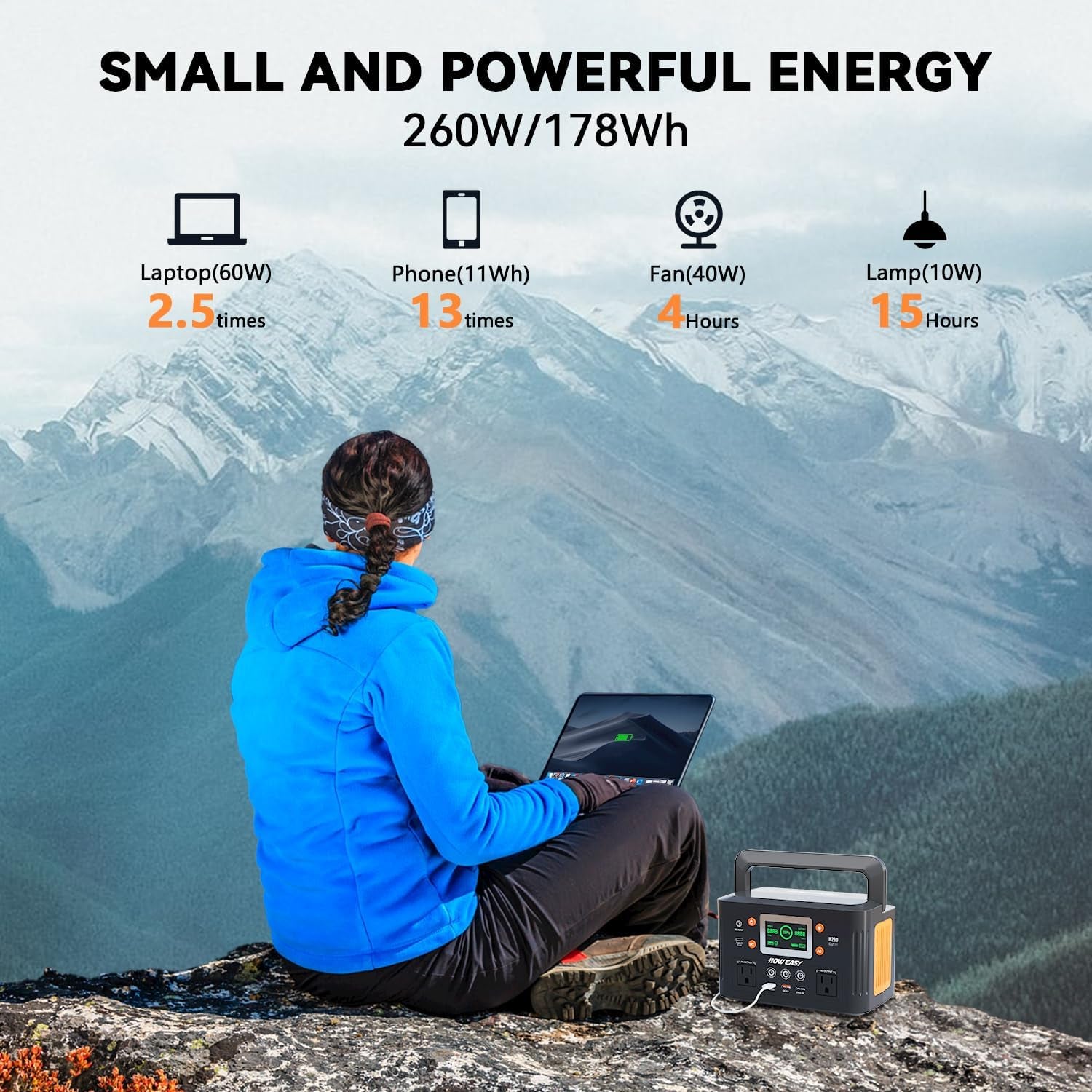 Portable Power Station,260W(500W Peak) Solar Generator with PD 65W,110V Pure Sine Wave AC Outlet, 48000Mah Backup Lithium Battery for Outdoor Camping Travel Home Emergency
