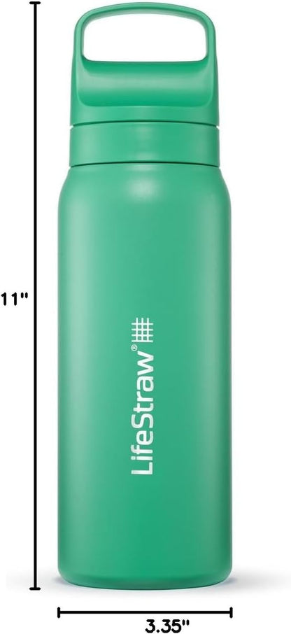 Go Series — Insulated Stainless Steel Water Filter Bottle for Travel and Everyday Use Removes Bacteria, Parasites and Microplastics, Improves Taste, 24 Oz, Cactus Green