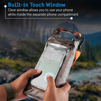 Pelican Marine IP68 Waterproof Dry Bag 2L W/Phone Pouch/Case - Hunter Camo | Roll Top Waterproof Backpack with Touchscreen Phone Pouch - Swimming, Kayaking, Camping, Rafting, Fishing & Travel Essentials