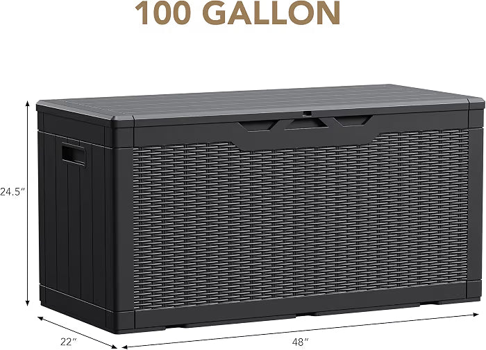 100 Gallon Waterproof Resin Deck Box, Large Outdoor Storage Box | Indoor Outdoor Lockable Storage Container for Patio Furniture Cushions, Garden Tools & Pool Supplies