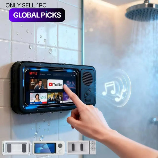 Mobile Phone Waterproof Box with Bluetooth Speaker, 360° Rotating Touch Screen Shower Phone Holder, Phone Mount Holder, Multifunctional Phone Stand, Waterproof Cellphone Stand for Bathroom, Kitchen, Sink and Swimming Pool #GLOBAL PICKS