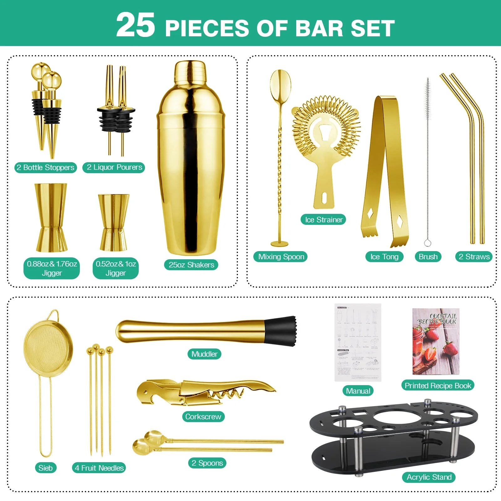 25-Piece Cocktail Shaker Set, Mixology Bartender Kit with Acrylic Stand Stainless Steel Bar Tools, Full Bartender Accessories and Recipe Book