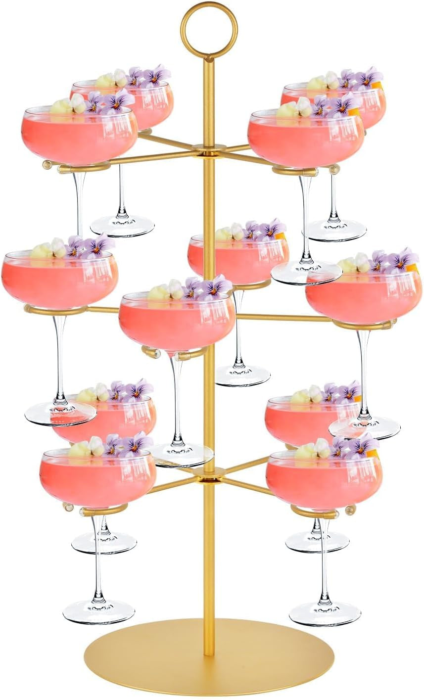 Elevate Your Celebrations with the Stunning Champagne Tower - 3 Tier Metal Cocktail Stand for 12 Glasses - Perfect for Weddings, Parties, and Events!