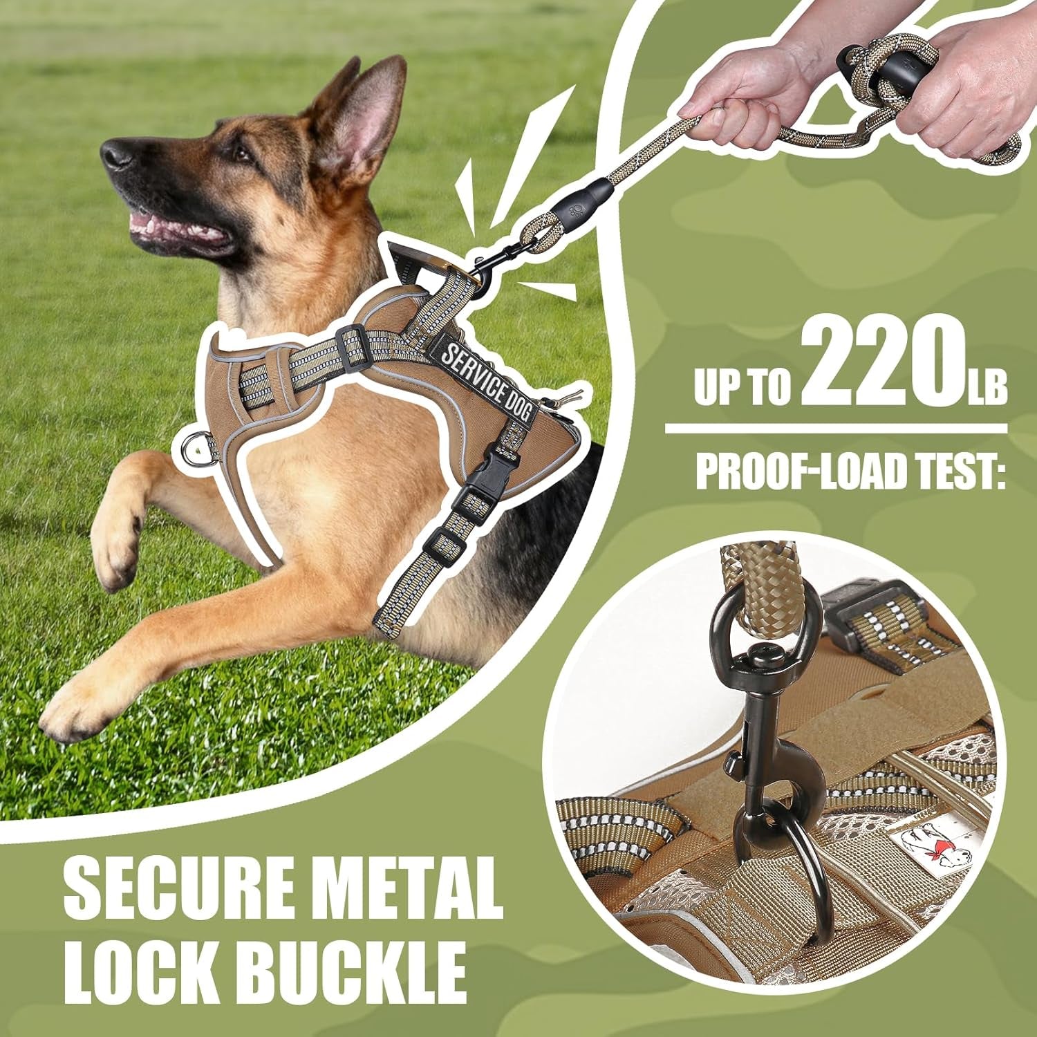 Service Dog Tactical Vest Harness and Leash Set Large Sized Dog Emotional Support- Tactical Dog Harness Training Collar with Name (Khaki, L)