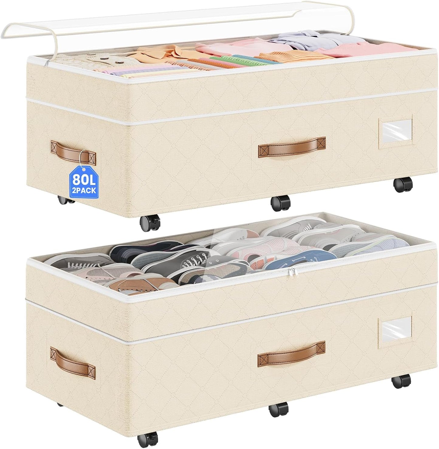 80L 2 Pack Adjustable under Bed Storage with Wheels, Beige | Underbed Containers with Clear Lids, Rolling Underbed Shoe Storage Organizer for Dorm Clothes, Blankets, Easy to Install