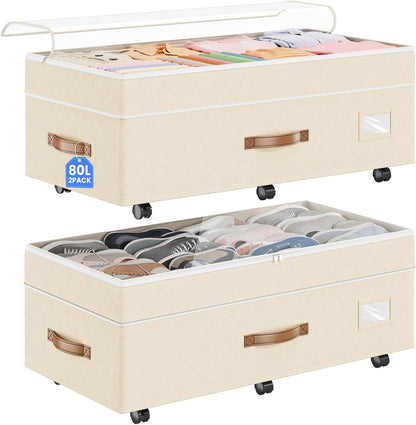 80L 2 Pack Adjustable under Bed Storage with Wheels, Beige | Underbed Containers with Clear Lids, Rolling Underbed Shoe Storage Organizer for Dorm Clothes, Blankets, Easy to Install