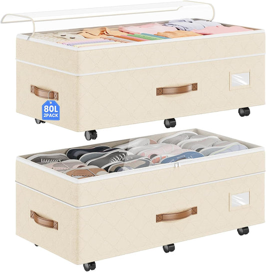 80L 2 Pack Adjustable under Bed Storage with Wheels, Beige | Underbed Containers with Clear Lids, Rolling Underbed Shoe Storage Organizer for Dorm Clothes, Blankets, Easy to Install