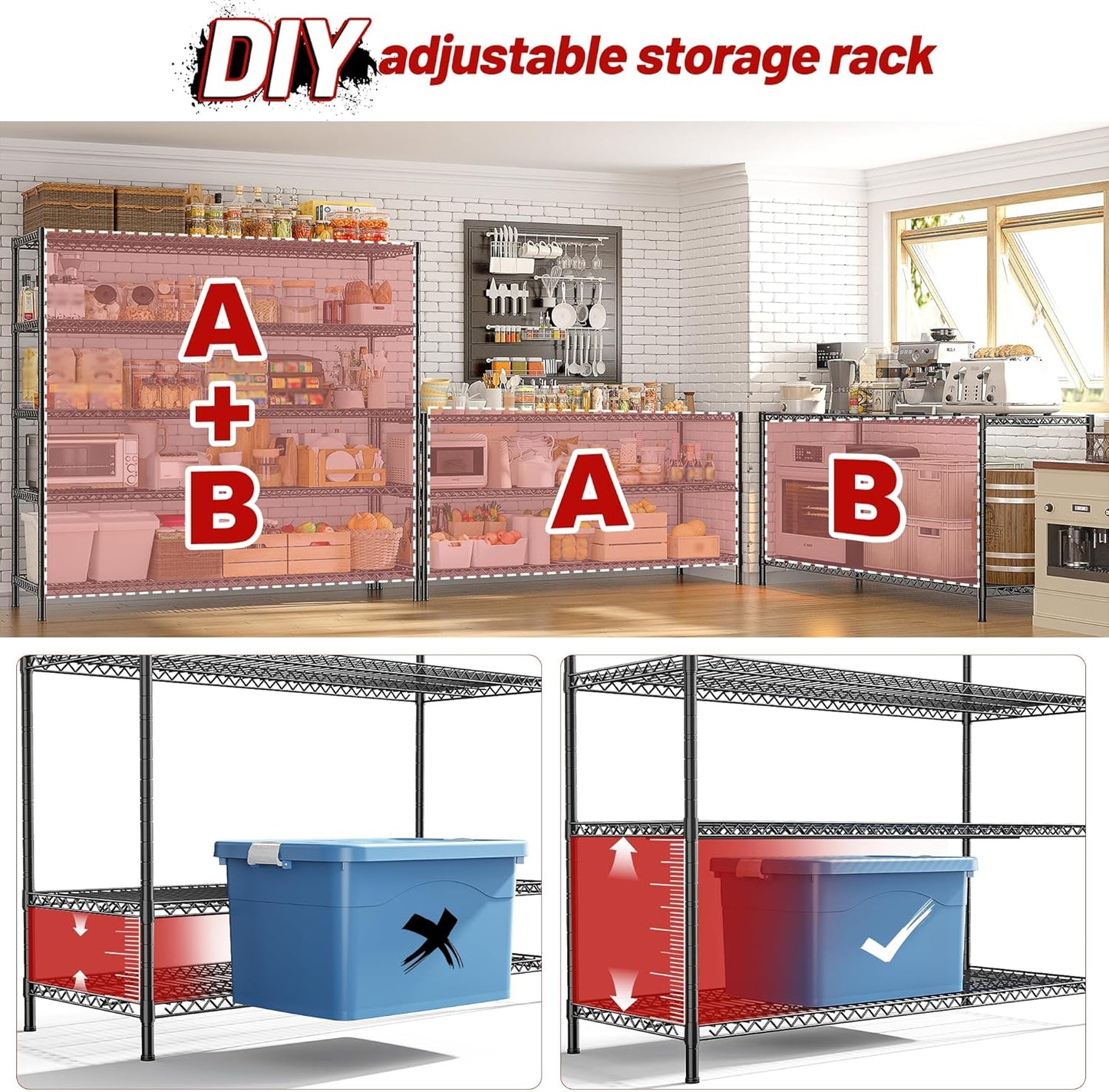 3200LBS Storage Shelves 55.5" W Garage Shelving Heavy Duty 5 Tier Adjustable Wire Shelving Unit Metal Shelving for Garage Pantry Commercial Basement,55.5" W X 18''D X 71" H