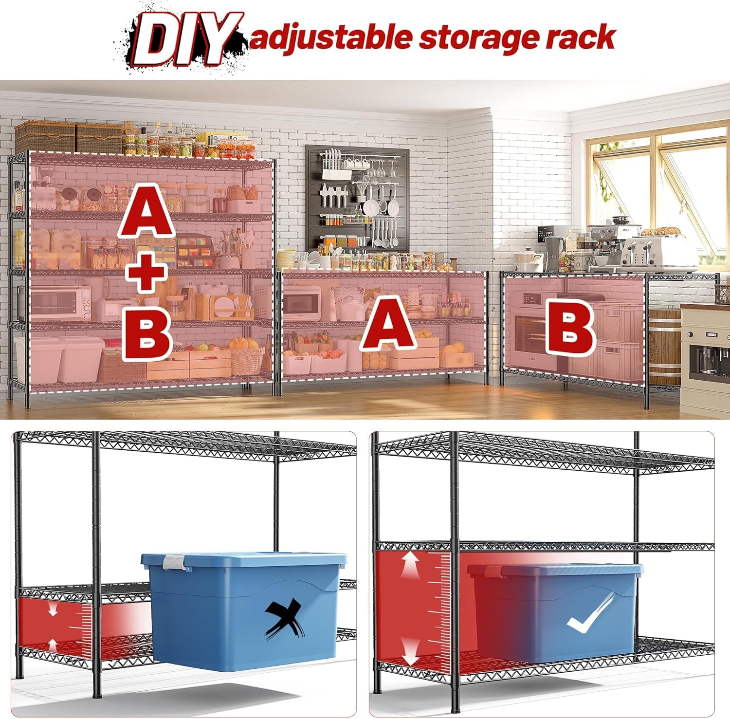 3200LBS Storage Shelves 55.5" W Garage Shelving Heavy Duty 5 Tier Adjustable Wire Shelving Unit Metal Shelving for Garage Pantry Commercial Basement,55.5" W X 18''D X 71" H