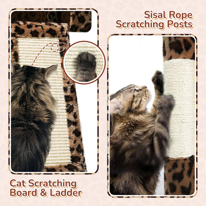 Heavy Duty Leopard Cat Tree, 70In Sturdy Cat Tree for Indoor Cats Sturdy Large Cat Tower with Scratching Post & Board, Hammock, 2 Cat Condo for Adult Cats Kittens, F70 Pro, Leopard Print