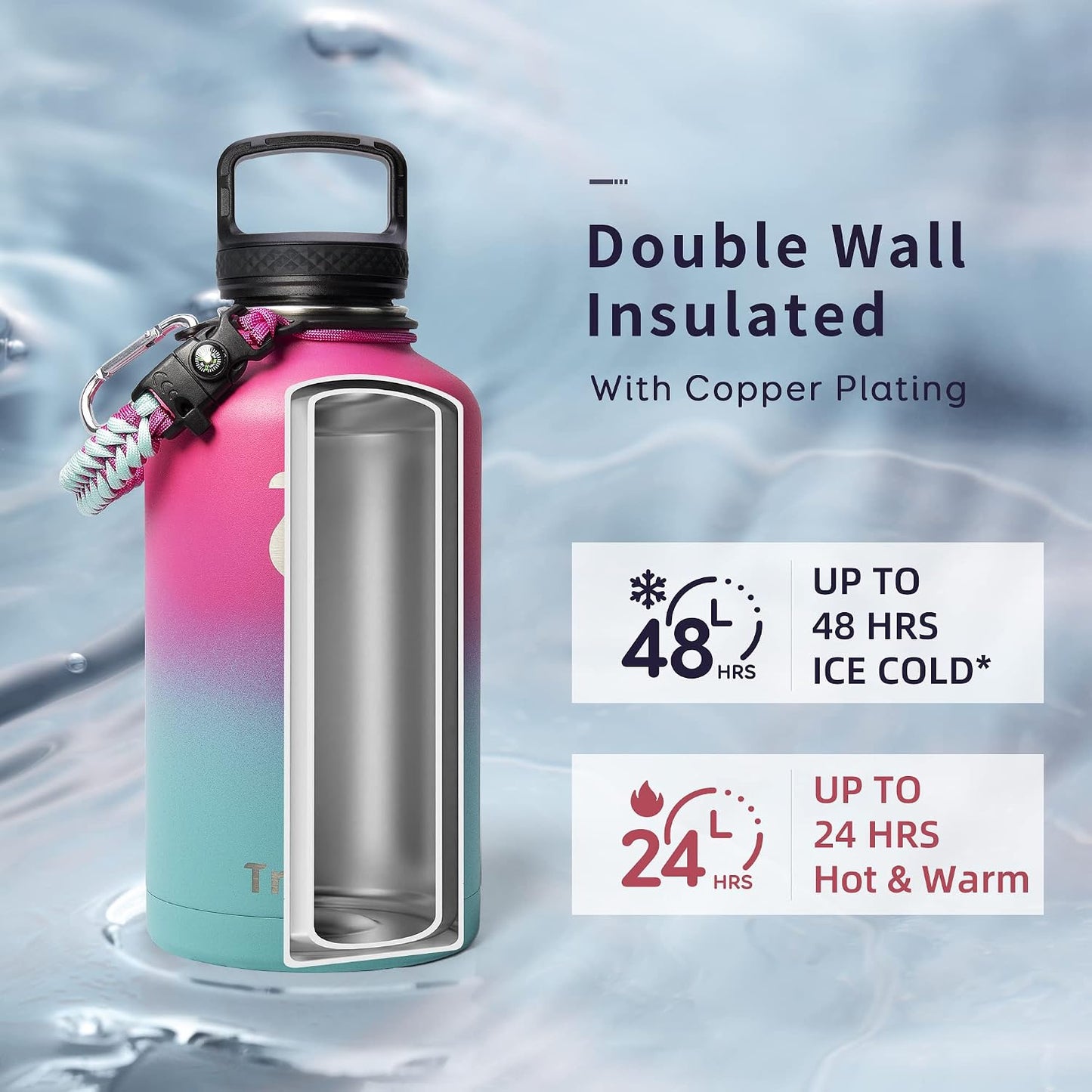 Insulated Water Bottle 64 Oz, Half Gallon Metal Vacuum Water Jug with Paracord Handle and 3 Lids, Leakproof Bpa-Free Flask for Gym Sports Hiking Travel, Keep Cold 48 Hours, Rose Red