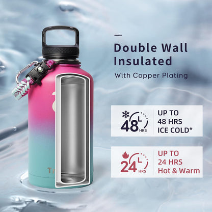 Insulated Water Bottle 64 Oz, Half Gallon Metal Vacuum Water Jug with Paracord Handle and 3 Lids, Leakproof Bpa-Free Flask for Gym Sports Hiking Travel, Keep Cold 48 Hours, Rose Red