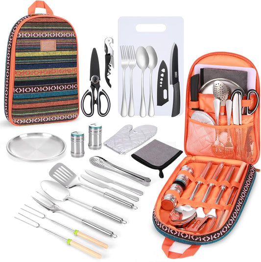 Portable Camping Kitchen Utensil Set-27 Piece Cookware Kit, Stainless Steel Outdoor Cooking and Grilling Utensil Organizer Travel Set Perfect for Travel, Picnics, Rvs, Camping, Bbqs, Parties and More