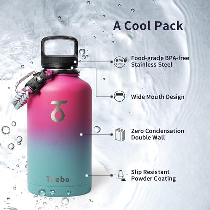 Insulated Water Bottle 64 Oz, Half Gallon Metal Vacuum Water Jug with Paracord Handle and 3 Lids, Leakproof Bpa-Free Flask for Gym Sports Hiking Travel, Keep Cold 48 Hours, Rose Red