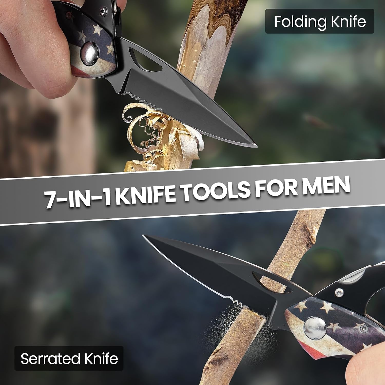 Multitool Carabiner Knife Tools for Men, Bottle Opener | Cool Gadgets Gear with Folding Knives, Window Breaker and Screwdriver for Hiking Camping, 7-In-1 Edc Multi Tool (Usa Flag)