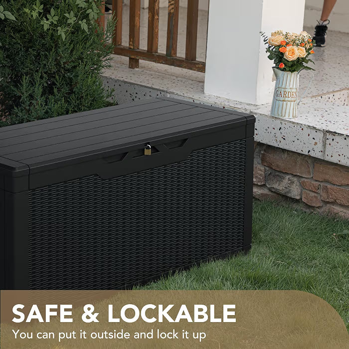 100 Gallon Waterproof Resin Deck Box, Large Outdoor Storage Box | Indoor Outdoor Lockable Storage Container for Patio Furniture Cushions, Garden Tools & Pool Supplies