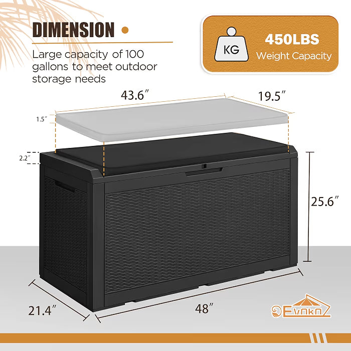 100 Gallon Resin Waterproof Outdoor Storage Box with Cushion | Large Resin Deck Box Indoor Lockable Storage Container for Patio Furniture Garden Pool Cushions