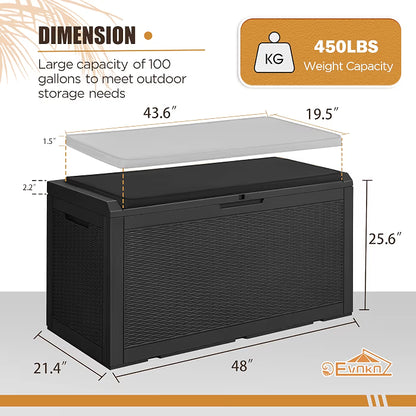 100 Gallon Resin Waterproof Outdoor Storage Box with Cushion | Large Resin Deck Box Indoor Lockable Storage Container for Patio Furniture Garden Pool Cushions